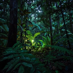 a rainforest clearing at night softly lit by neon lights, dim lighting, leaves in foreground, HD, 8k, high resolution, photo,