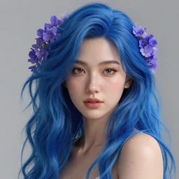 a masterpiece hyperrealistic ultradetailed fullbody photograph of a young woman with blue hair lush flowering indigofera, rough skin pores texture, cute and gorgeous, photoreal image, rendered, unreal engine 5, extremely detailed, trending on artstation, sharp focus, 4 k.