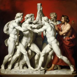 a beautiful painting of a group of white human stone statues fighting, oil paint, classic art, 1 6 century style, volume light, in the style of beksinski, parts by edward hopper, parts by rodcenko, parts by yue minjun, diego velazquez, intricate and epic composition, red by caravaggio, insanely quality, highly detailed,