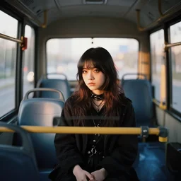 lomo photo of shy goth girl sitting in empty bus, sunset, cinestill, bokeh