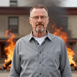 a photo of walter white standing in front of a building on fire, highly detailed, 4 k