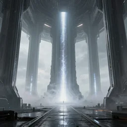 a minimalist gothic scifi brutalist futuristic spaceship cathedral factory planet with columns of glowing plasma smoke, high dynamic range, ilm, beeple, star citizen halo, mass effect, bladerunner, elysium