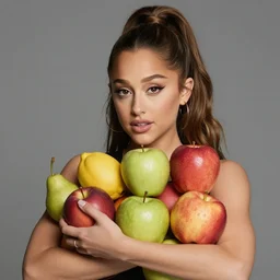 Ariana Grande holding various colored fruits.CG,8k,HD,
