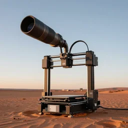 flying industrial 3d printer with giant extrusion nozzle in the australian desert,  XF IQ4, 150MP, 50mm, F1.4, ISO 200, 1/160s, dawn