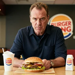 Photograph of Ray Winstone working at Burger King