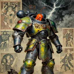 composition of gothic and futuristic, warhammer, cyber japan armor, more and more scars, thunderstorm, orange head, some yellow green and blue, the middle ages, highly detailed, artstation, in the style of moebius, jugendstil and classic japanese print, art by robert mccall and john berkey, compositon by jean delville