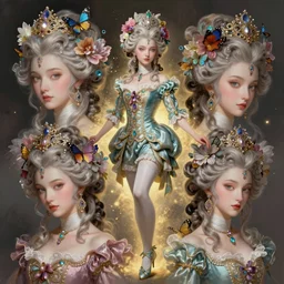 painterly portraits by nixeu and fenghua zhong, elegant rococo hair styles, iridescent, vibrant, flora, butterflies, ornate intricate crystal jewelry, cinematic lighting, hyper detailed, character concept, full body, dynamic pose, glowing golden dust, highly detailed, digital painting, artstation, smooth, sharp focus, illustration.