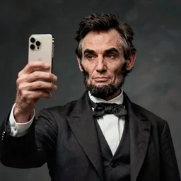 Abraham Lincoln photographed taking a selfie with his iPhone, historical stock photo restoration
