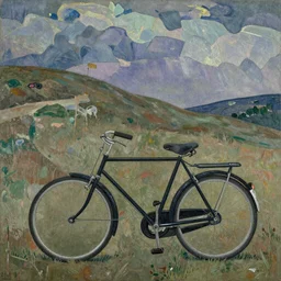 Punctured bicycle on a hillside desolate, by Egon Schiele