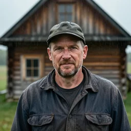 a cinematic headshot portrait of a farmer, stood outside a wooden cabin, raining, shallow depth of field, dramatic lighting, by krenz cushart