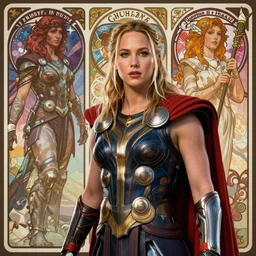 jennifer lawrence as thor god of thunder, horizon zero dawn, path traced, octane render, highly detailed, high quality, digital portrait by artgerm, hd, alphonse mucha, tom bagshaw