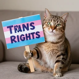a supportive cat holding a sign saying Trans Rights