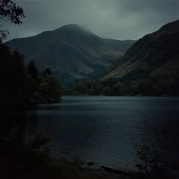 lake lake, mountains, dark, dangerous, trees, low light, horror, atmospheric, vintage photography, film