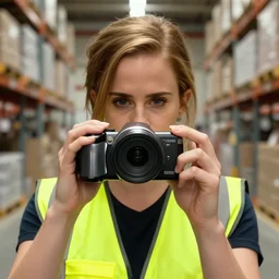 photo, extreme far shot, emma watson in a hi vis vest, in warehouse, android cameraphone, 2 6 mm,