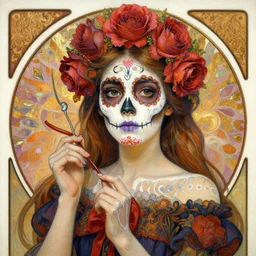 realistic detailed painting of a cute Día de los Muertos girl by Alphonse Mucha HR Giger Ayami Kojima Amano Charlie Bowater, masterpiece