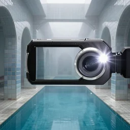 Beautiful Fuzzy wide-eye-lens 15mm, harsh flash, cameraphone 2002, Photograph of an tiled infinite foggy foggy foggy liminal pool pool hallway hallway hallway with archways and water on the floor, mirrored