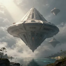 sci - fi space base, bad omens, a floating magnificent tetrahedron spacecraft!! mist, sunrays, dust in the air, unreal engine, octane render, dramatic lighting, lake, ultra clear detailed. digital art, by stanley artgerm lau, greg rutkowski, thomas kindkade, alphonse mucha, loish, norman