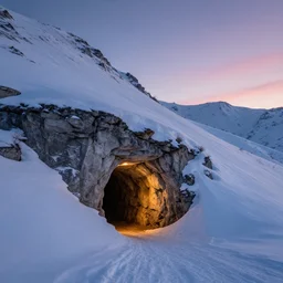 a cave entrance in the side of a snowy mountain, dusk lighting, award - winning photography