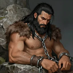 picture of a barbarian chained to a rock, light brown skin, black messy hair, beard, pelt, sad, exhausted, face details, shapely, extremely detailed, smooth, sharp focus, digital illustration, by artgerm, rossdraws, sakimichan