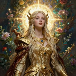 beautiful nature priestess portrait, artgerm, wlop, intricately carved mahogany and ivory, gilding, peter mohrbacher, artstation, flowery overgrowth, radiant halo of light, sparkling, vibrant