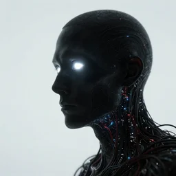 silhouette, inhuman, portrait close up, angled, plastic, glowing eyes, flat background, masterpiece, glowing, wires everywhere, by edgar maxence and ross tran, zdzisław beksinski, and michael whelan, distant, gustav dore, h. r. giger, 8 k, octane render