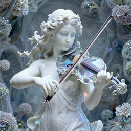 an idealistic marble statue, with clear porcelain skin and blue eyes, playing a violin glass, beautiful violin, refraction, fractal flowery hair and slender hands, in a fractal garden, unreal engine, 8 k render, beautiful, full frame,