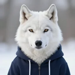 photo of cute male anthropomorphic white wolf wearing a hoodie
