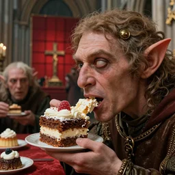 closeup profile face portrait of medieval goblins eating cakes in the cathedral, hyung tae and frank frazetta, depth of field, detailed and intricate red square environment, 8 k resolution, hyperrealistic, octane render