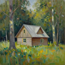 a painting of a cottage in the woods by Bob ross