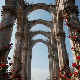 movie poster artwork of broken arches leading to the pillars of eternity draped with red flowers and vines, blue sky, lens flare, a sense of mystery, cinematic, ultra detailed, intricate, sharp focus, trending on artstation and unreal engine