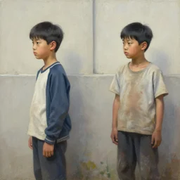on the right side, a korean boy stand and look left. the boy have towned clothes and he look dirty and poor. on the left side a korean boy stand and look right, this boy rich and have good clothes. in the middle of the picture there's an wall that seperate the two boys. painting.