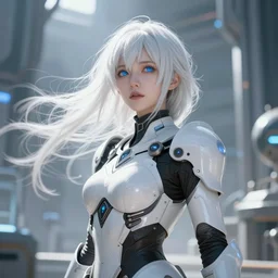 perfect white haired girl, warframe armor, beautiful, dreamy, pretty face, blue eyes, detailed, windy weather, scifi, utopian architecture, laboratory, 4 k, ultra realistic, aura of light, cinematic, high detail, masterpiece, art by akihito tsukushi, akasuki voidstar