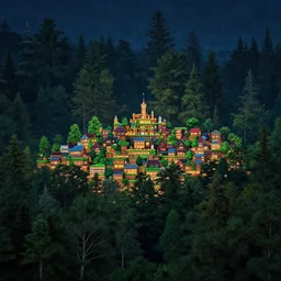 professional photo of a tree top town similar to level of donkey kong country, by discovery magazine, night time with dim lights, in the midst of tall trees, real life, photorealistic, soft focus, long exposure