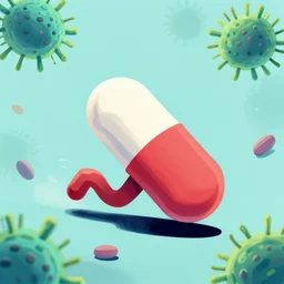 an illustration of drug pill running away from bacteria