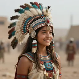 teenage female aztec ww 2 soldier, aztec headdress, native dress, smiling, digital portrait by greg rutkowski, intricate, soft focus, highly detailed, cinematic, epic, artstation