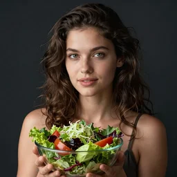 female portrait, extremely detailed professional photo, studio lighting, woman with bowl of salad