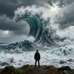 man on a hill looking at mega tsunami waves, massive storm, cinematic, hyper realistic, dramatic light, epic clouds, apocalyptic, john martin, michael bay