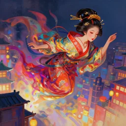 semi semi realistic digital painting!! beautiful geisha flying over a colorful city, dramatic, xray melting colors!!