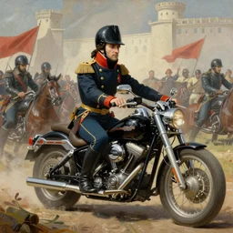 painting of napoleon bonaparte riding a harley davidson motorcycle into battle