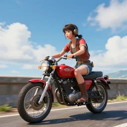 red, a teenager riding a motorcycle on a seawall with blue sky and white clouds in the background, sujin kim style, steampunk, unreal 5 engine, volumetric light