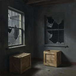 a beautiful painting digital  of a dark alley room at night with broken windows with wooden crates metal grids by lisa frank,