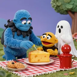 full color frame from a 1972 kids show with Cthulhu and sad cheese puppet having a tickle picnic with furry ghost