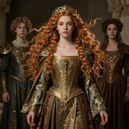 beautiful young medieval queen by magali villeneuve, iris van herpen, jean delville, james jean, visionary, symbolist, ornate garments, beautifully lit, art nouveau flowing hair