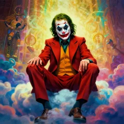 stunning portrait of willem dafoe as the joker by victo ngai, kilian eng vibrant colors, winning - award masterpiece, fantastically gaudy, aestheticly inspired by beksinski and dan mumford, 4 k upscale with simon stalenhag work, sitting on the cosmic cloudscape
