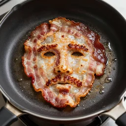 bacon being cooked fried, it looks like a face, it looks like kevin bacon