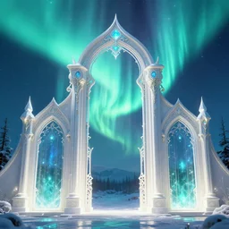 a very detailed concept art of intricate and elven white gates to aurora borealis infused with magic, dynamic lighting trending on artstation, symmetry, digital art, 4 k, hyper realistic, octane render, sharp focus