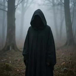 a cloaked hooded figure in a foggy forest, by Odd Nerdrum
