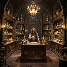 inside a magical item shop, fantasy potion vendor interior, ufotable studio art style, wide angle, gothic interior