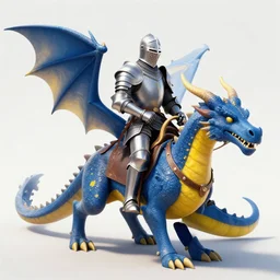 a knight in a heavy blue and yellow armor riding a dragon