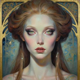 alluring beautiful alien queen with sparkling eyes, art nouveau declotage, perfect symmetrical facial features, and hyperrrealistic anatomy by olivia de bernardinis, travis charest, chris achilleos and rodney matthews, extremely hyperdetailed, mixed media painting, unreal engine, 8 k, octane, 8 mm,